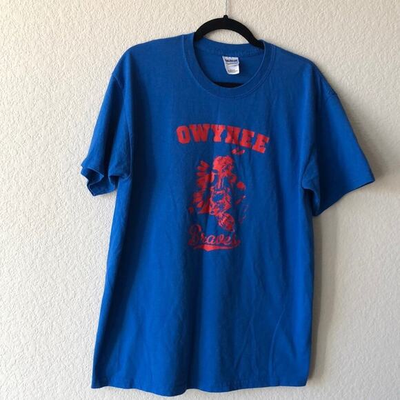 Native American team blue T-shirt OWYHEE Braves red graphic sz L - Picture 1 of 3